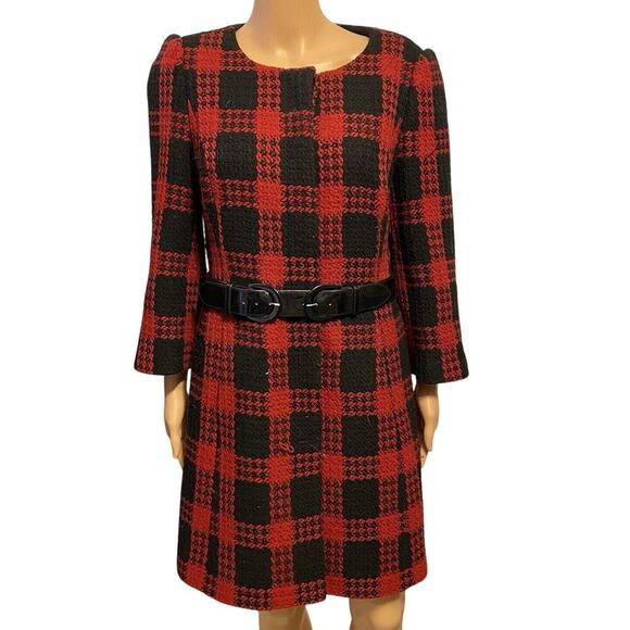 Loft Women 8 Dressy Coat Jacket Plaid BlackRed Wool Blend Belted Career Business - Picture 1 of 10